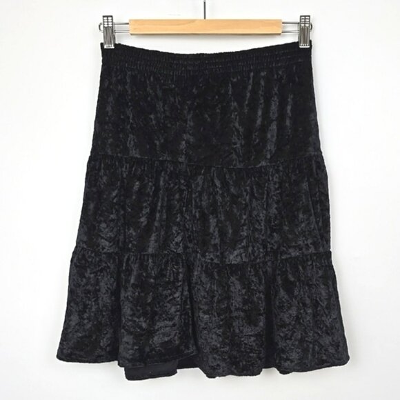 SUGAR KAINE Women's Black Crushed Velvet Tiered A-Line Skirt Stretch Size 14 - Picture 2 of 8